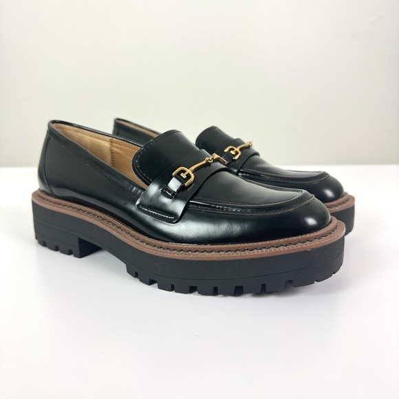 Sam Edelman Laurs Black Leather Chunky Lug Sole Loafers Gold Hardware Size 8.5 M - Picture 3 of 10